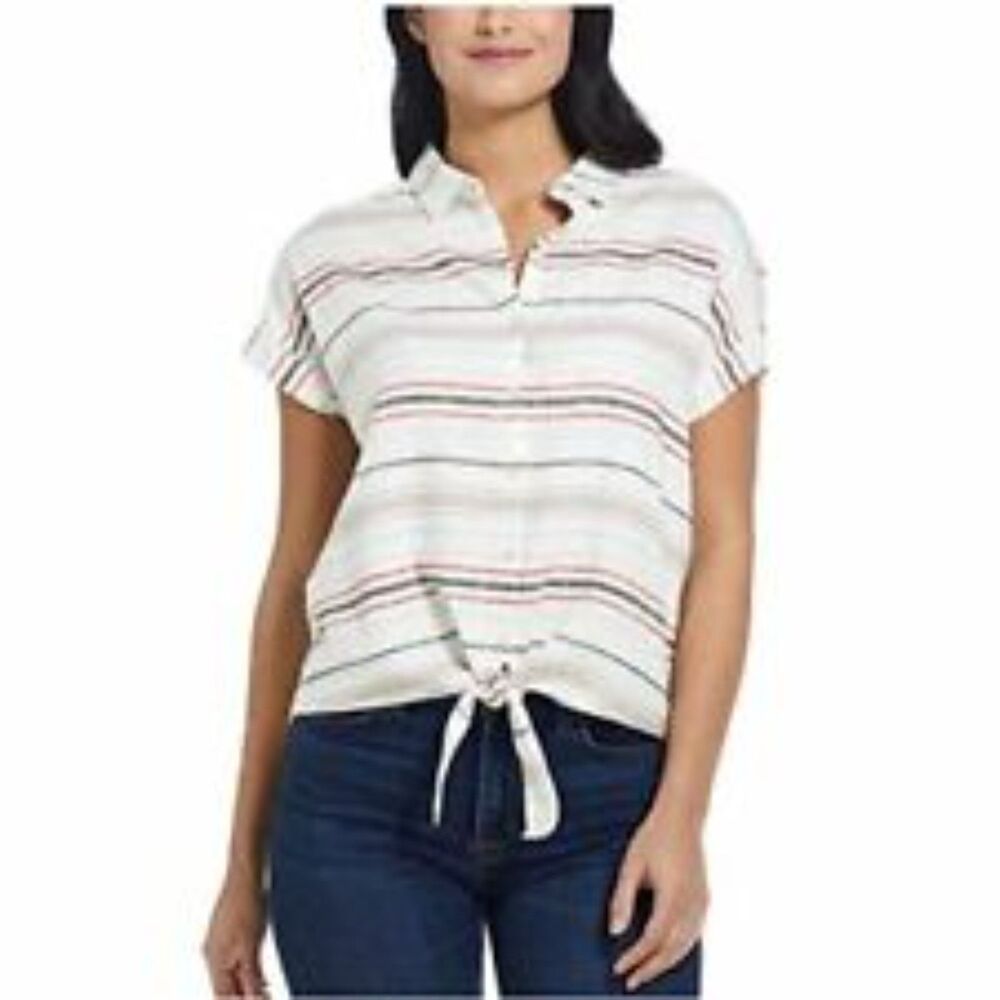 NWT Weatherproof Vintage Women's XL Tie Front Top Rio Red Washable Linen Striped